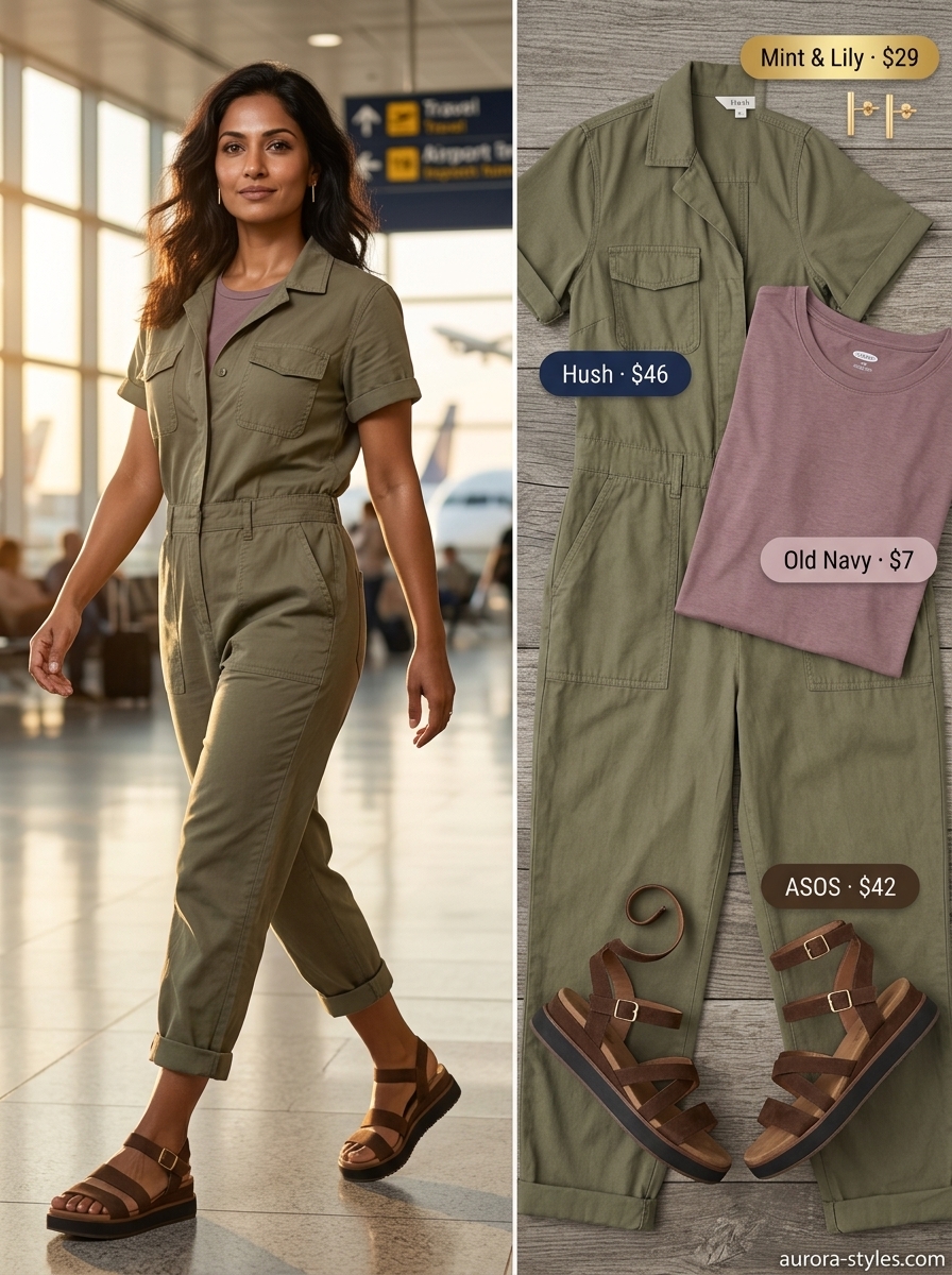 Comfy Summer Road Trip Outfits 2026: Utility Jumpsuit Comfy summer road trip outfits for women 2026: Khaki utility jumpsuit, white belt bag, gold earrings, dark brown sandals.