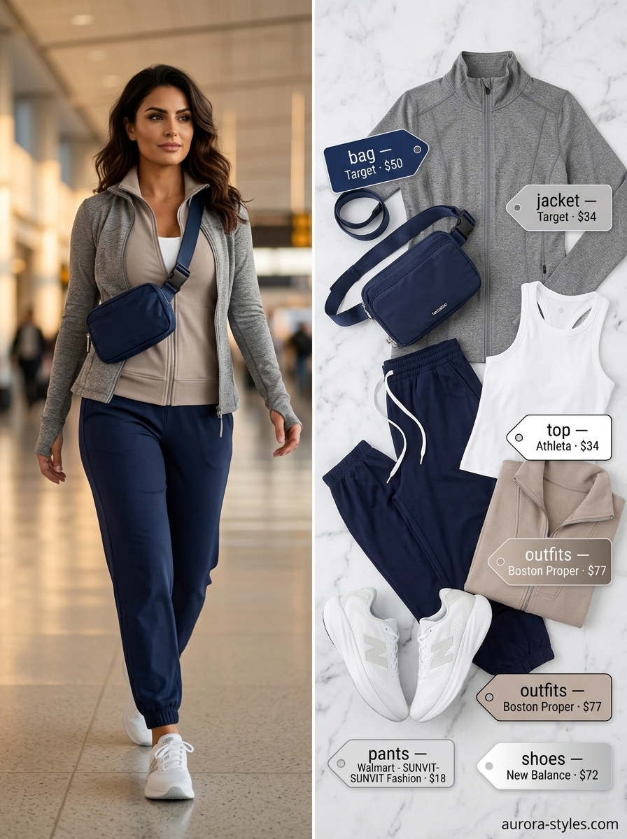 Comfy Summer Road Trip Outfits for Women 2026: Active Travel Style Comfy summer road trip outfits for women 2026: Navy joggers, grey zip jacket, white tank for active travel.