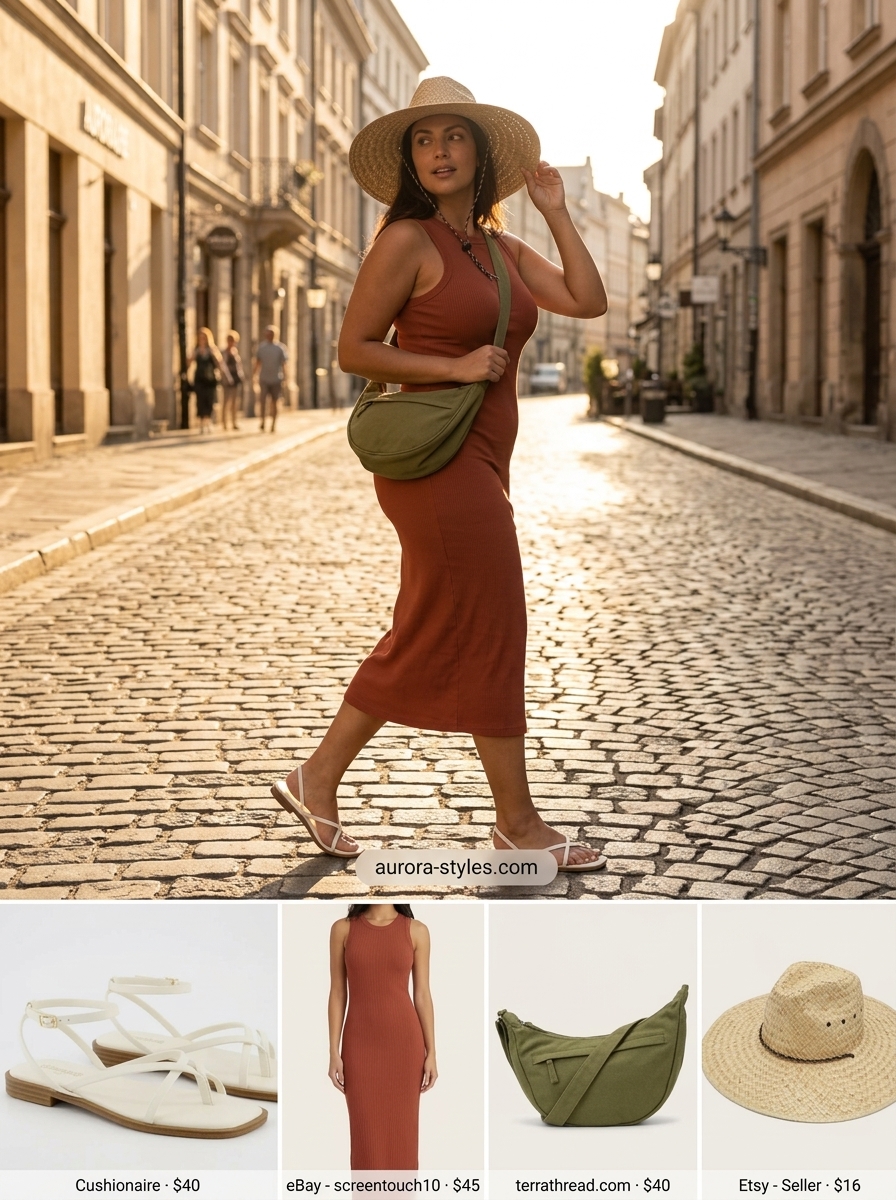 Comfy Summer Road Trip Outfits for Women 2026: Desert Explorer Style Comfy summer road trip outfits for women 2026: Terracotta midi dress, olive crossbody, straw hat for desert sightseeing.