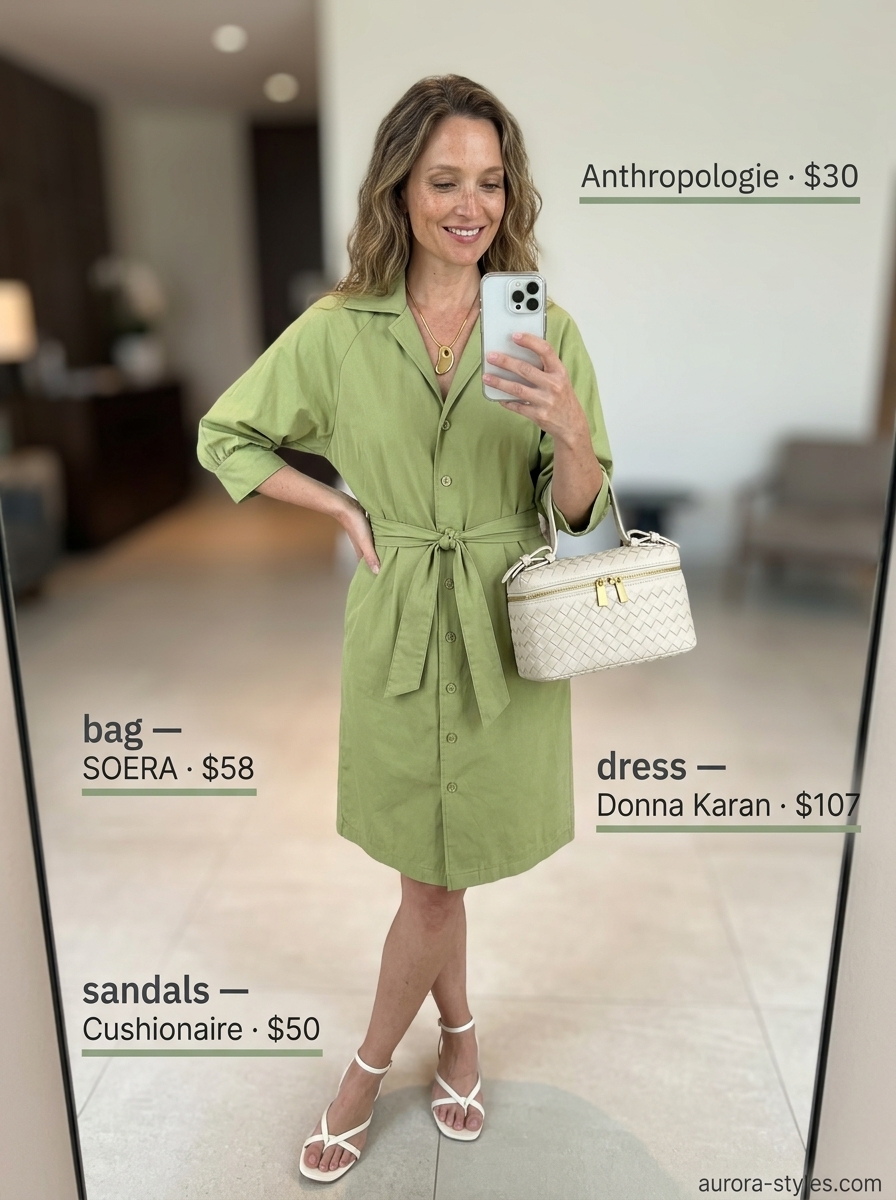 Comfy Summer Road Trip Outfits for Women 2026: Vineyard Visit Style Comfy summer road trip outfits for women 2026: Soft sage midi dress, tan top-handle bag, low block heels for vineyard.
