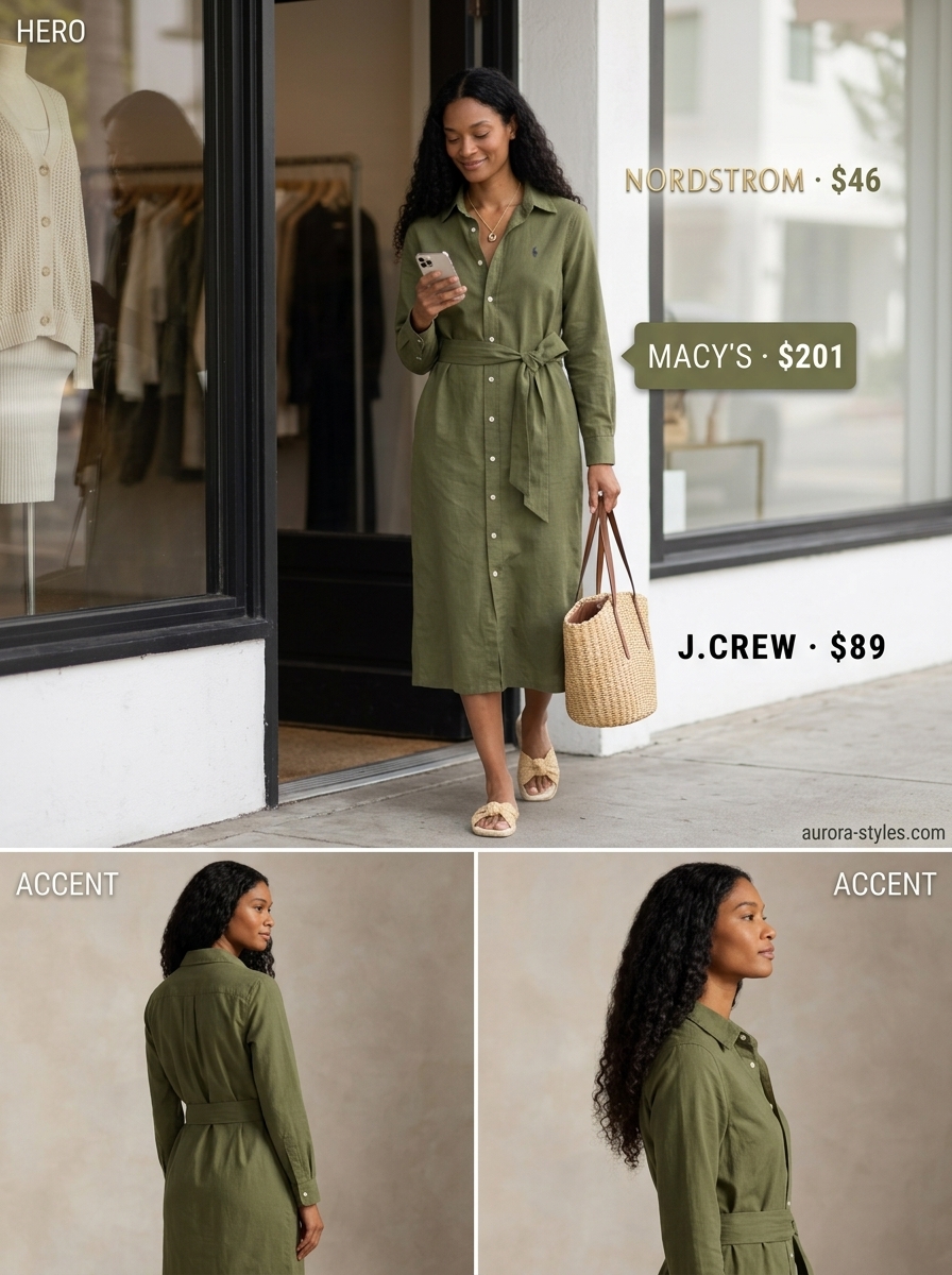 Comfy Summer Road Trip Outfits for Women 2026: Winery Tour Style Comfy summer road trip outfits for women 2026: Sage green midi shirtdress, cream espadrilles, straw tote for winery tours.