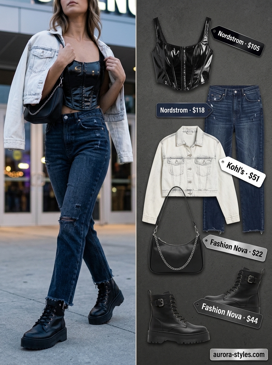 Edgy concert outfits for women summer 2026: black corset top, distressed jeans, denim jacket, and combat boots.