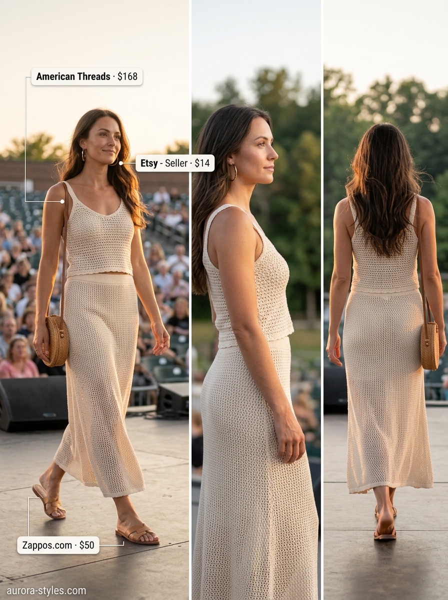 Ecru crochet knit matching set for concert outfits for women summer 2026. Perfect for folk festivals.