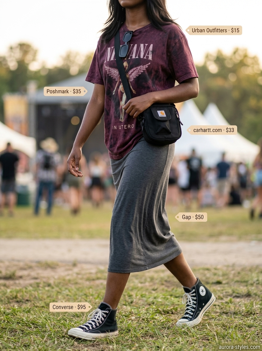 Burgundy band tee and midi skirt for concert outfits for women summer 2026. Casual indie style.