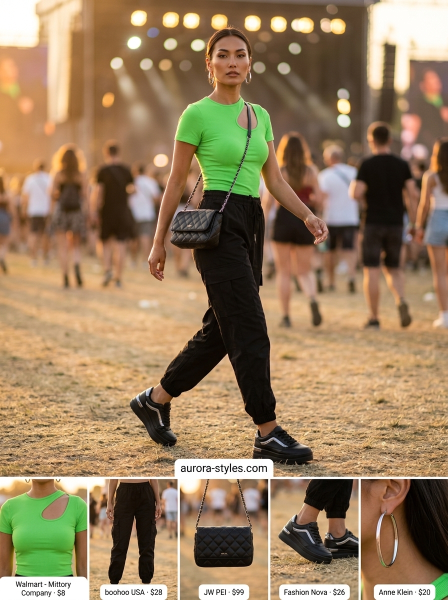 Electric green crop top and cargo pants for concert outfits for women summer 2026. Edgy streetwear.