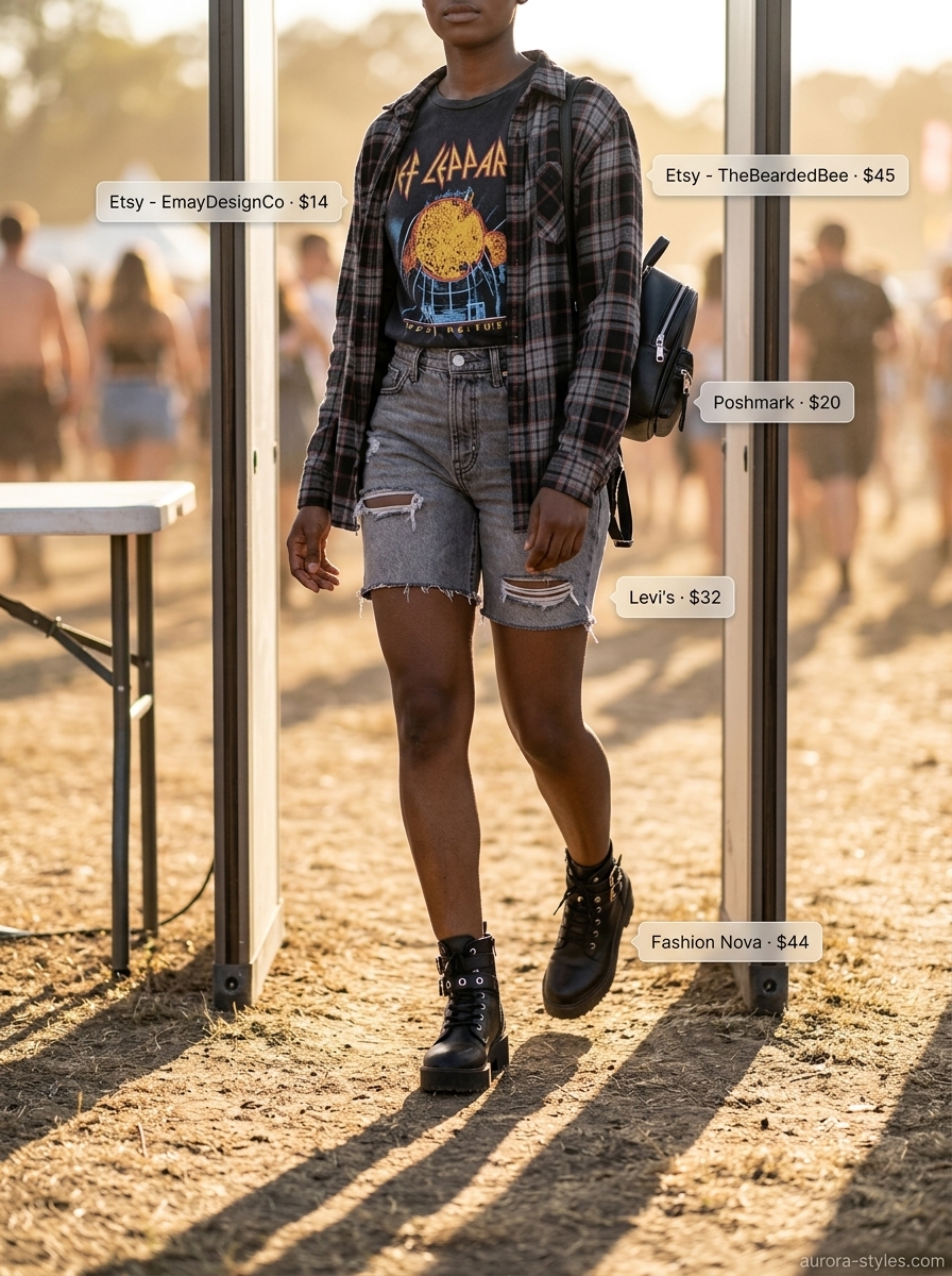 Edgy concert outfits for women summer 2026: distressed shorts, band tee, flannel, and combat boots.