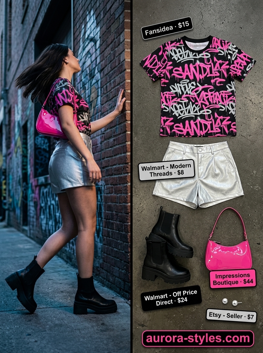 Glamorous concert outfits for women summer 2026: silver shorts, graphic tee, and platform boots.