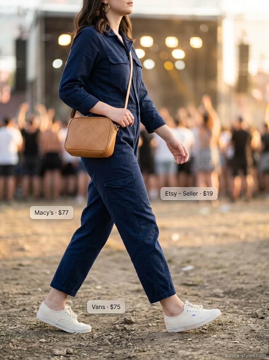Effortless concert outfits for women summer 2026: navy utility jumpsuit, canvas sneakers, and bandana.