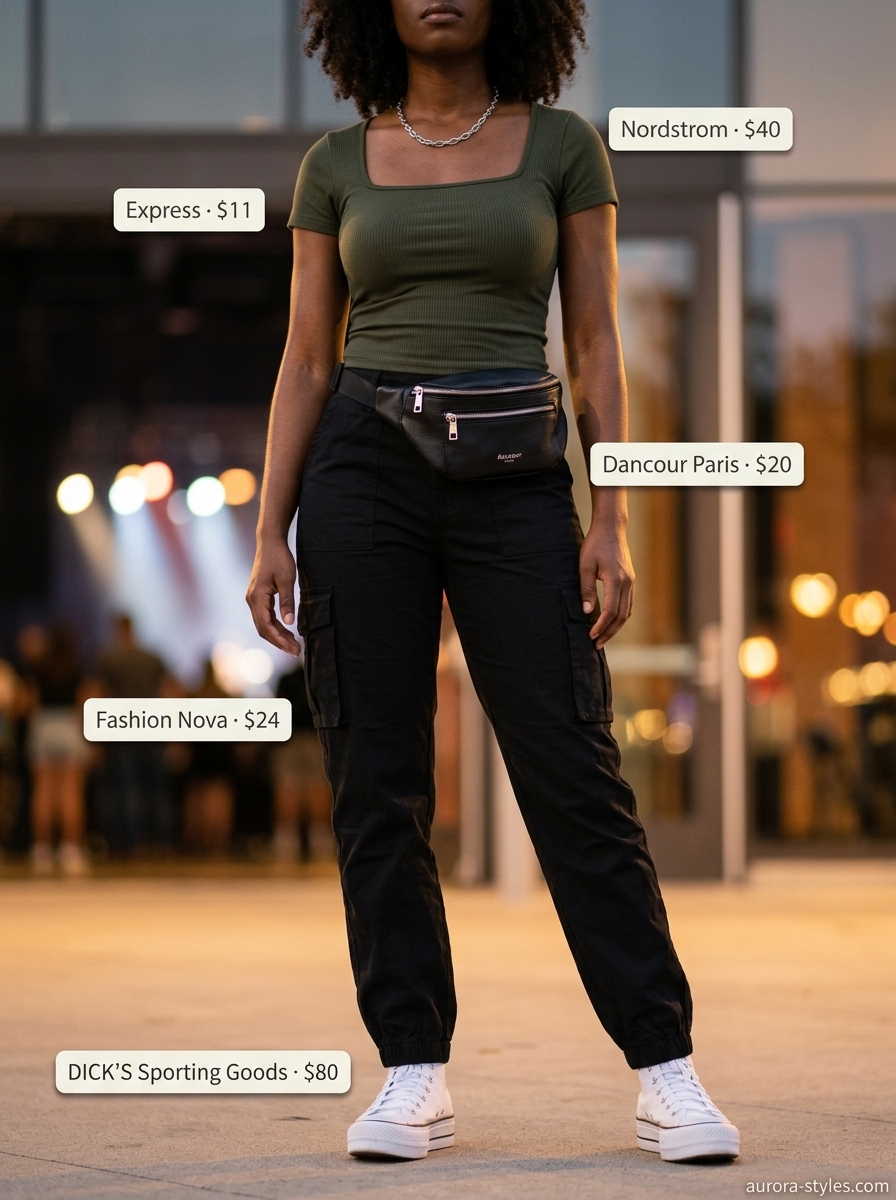 Olive green cargo pants for concert outfits for women summer 2026. Urban and edgy.