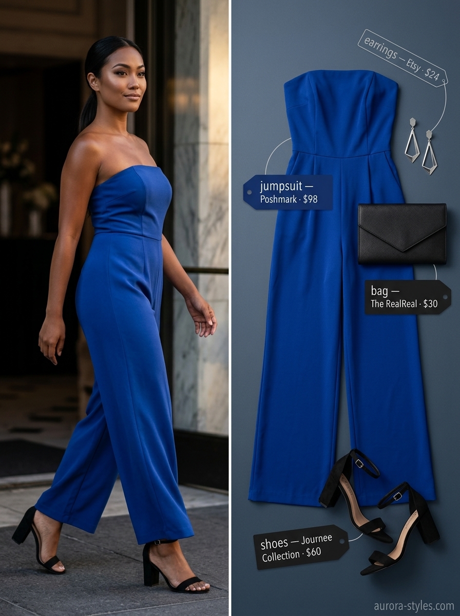 Chic concert outfits for women summer 2026: cobalt blue jumpsuit, black sandals, and silver earrings.