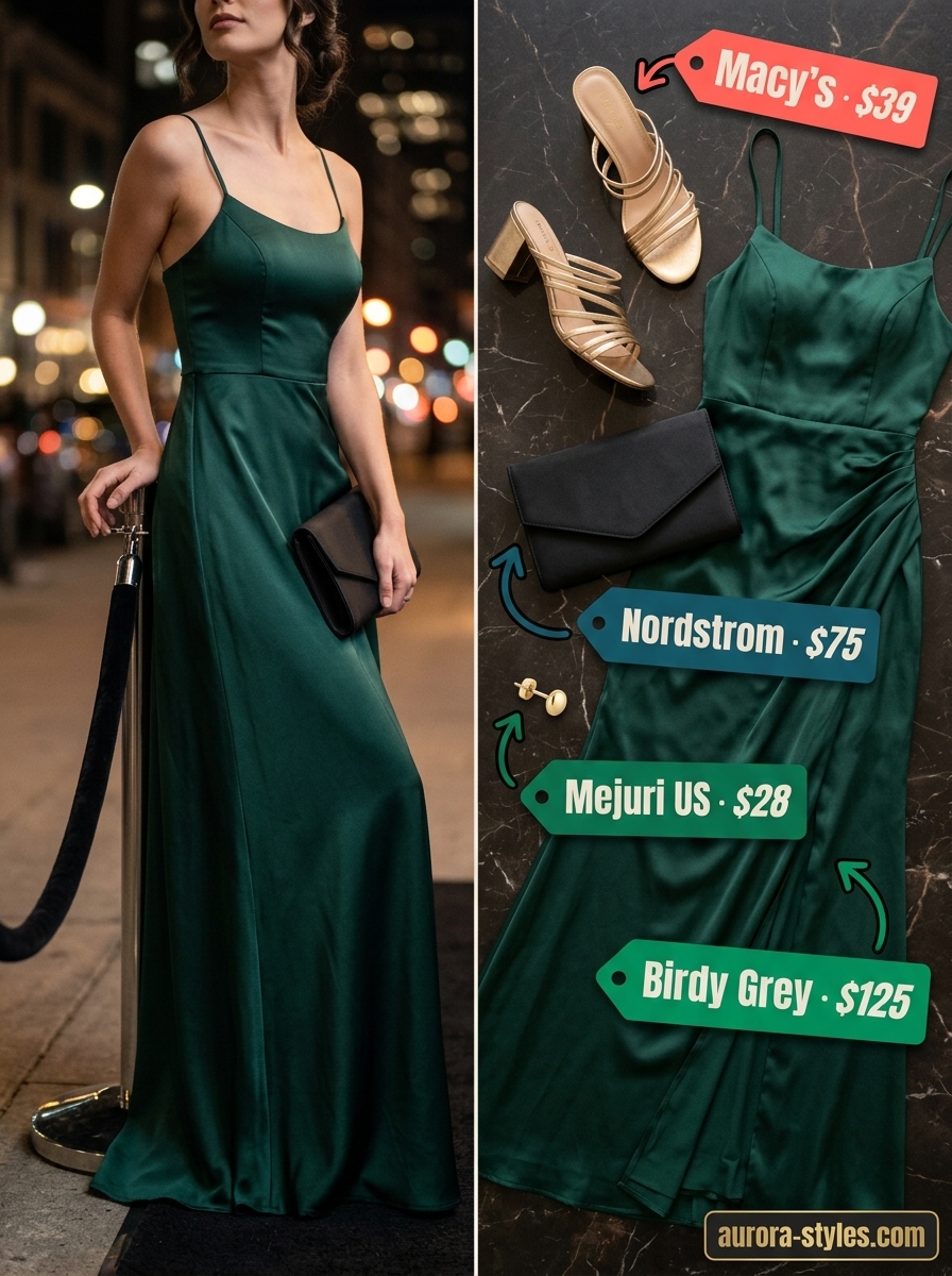Sophisticated concert outfits for women summer 2026: emerald slip dress, black sandals, and gold choker.