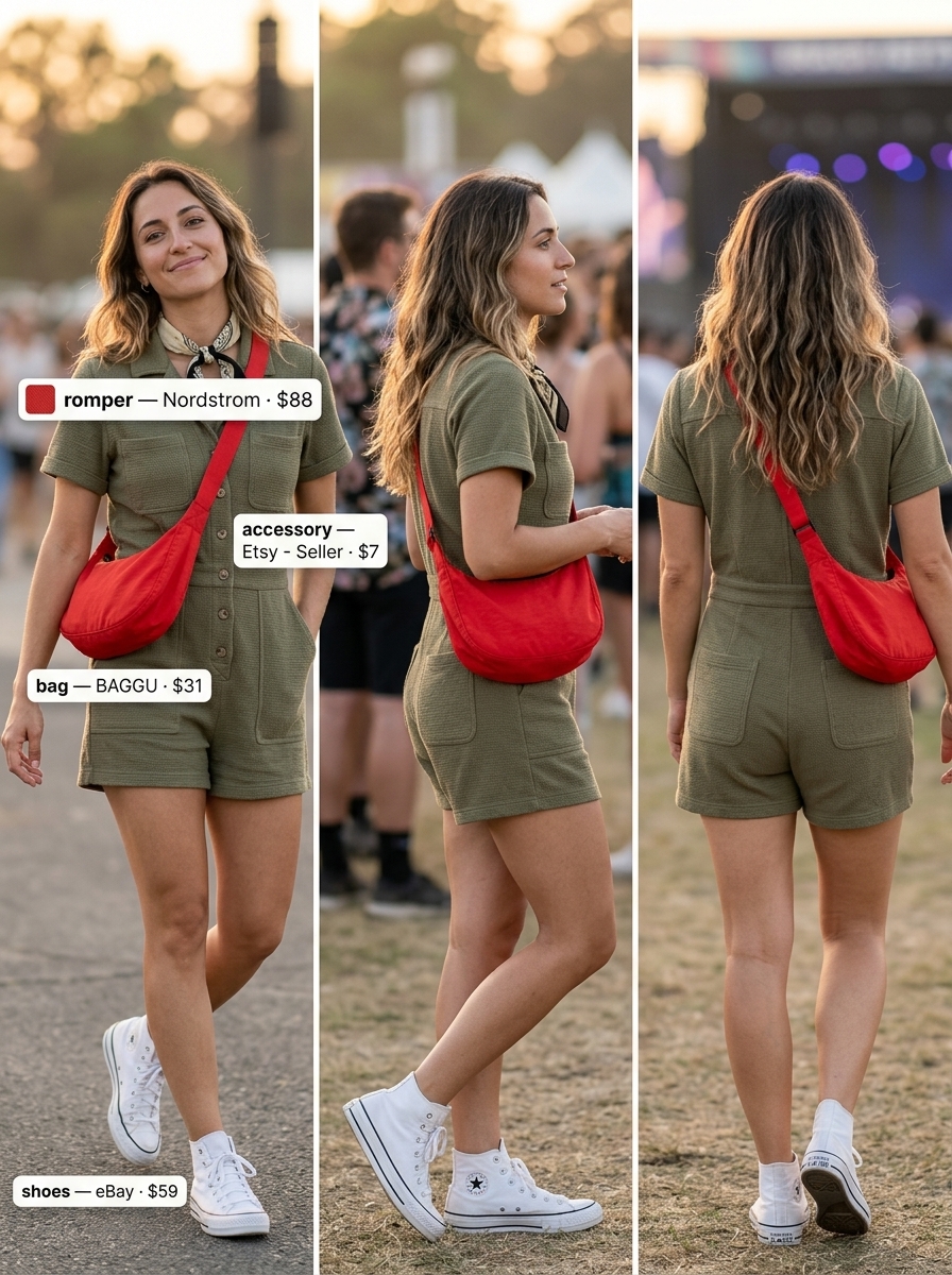 Khaki green utility romper for concert outfits for women summer 2026. Great for music festivals.