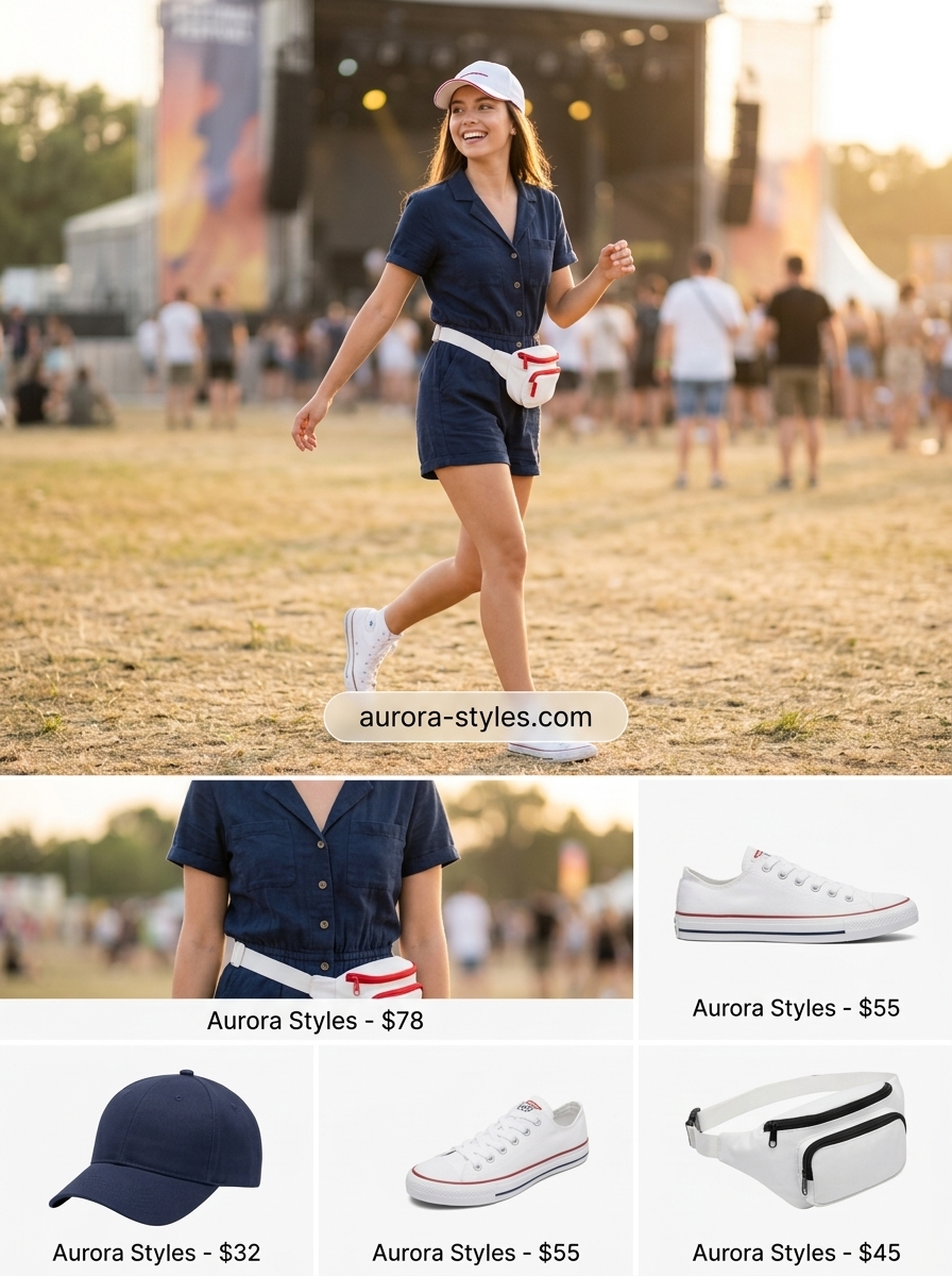 Sporty concert outfits for women summer 2026: navy romper, baseball cap, and canvas sneakers.