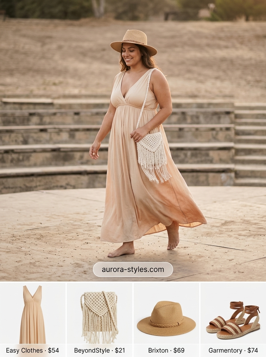 Flowy terracotta dress, straw hat & layered necklaces for concert outfits for women summer 2026.