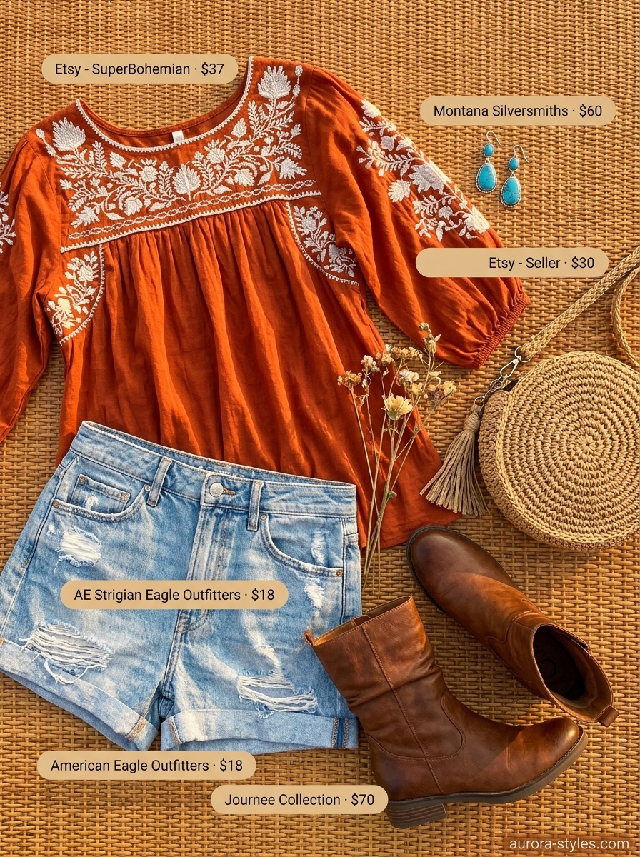 Boho peasant blouse, denim shorts & straw bag for concert outfits for women summer 2026.
