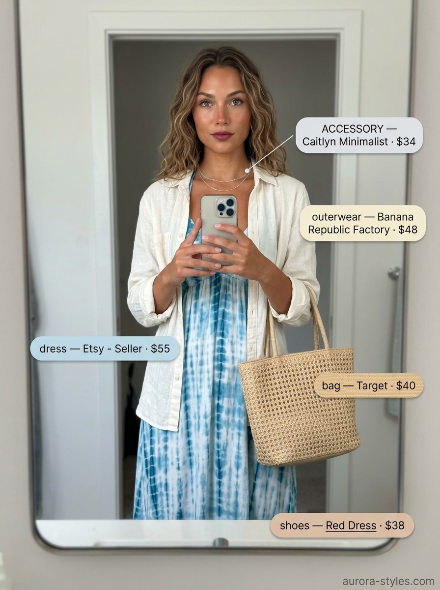 Flowy ocean blue tie-dye maxi dress with sheer white shirt & straw tote for concert outfits for women summer 2026.