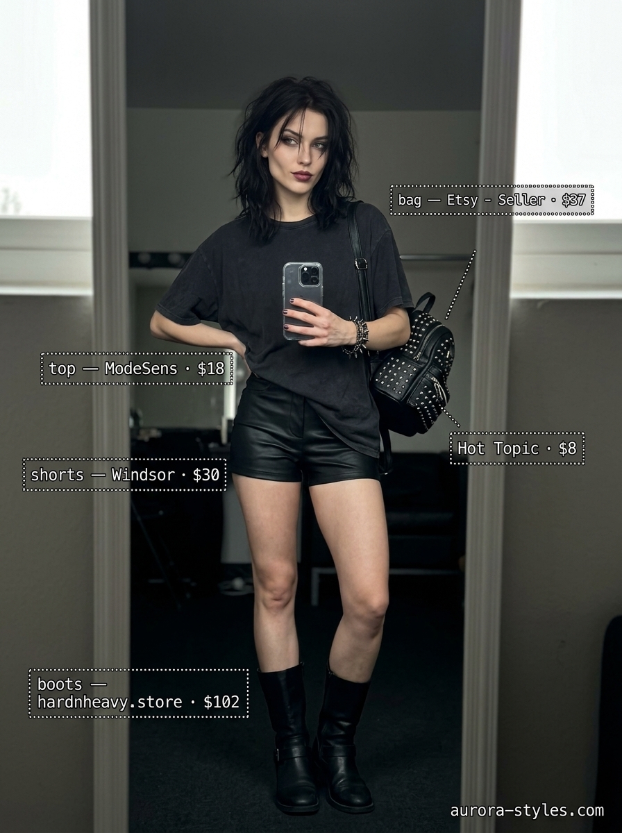 Black faux leather shorts, band tee & combat boots for concert outfits for women summer 2026.