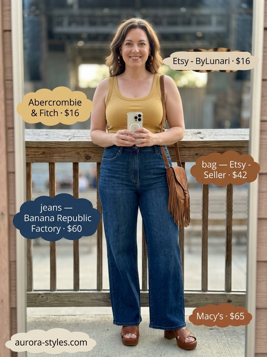Wide-leg jeans, mustard tank & brown platform sandals for concert outfits for women summer 2026.