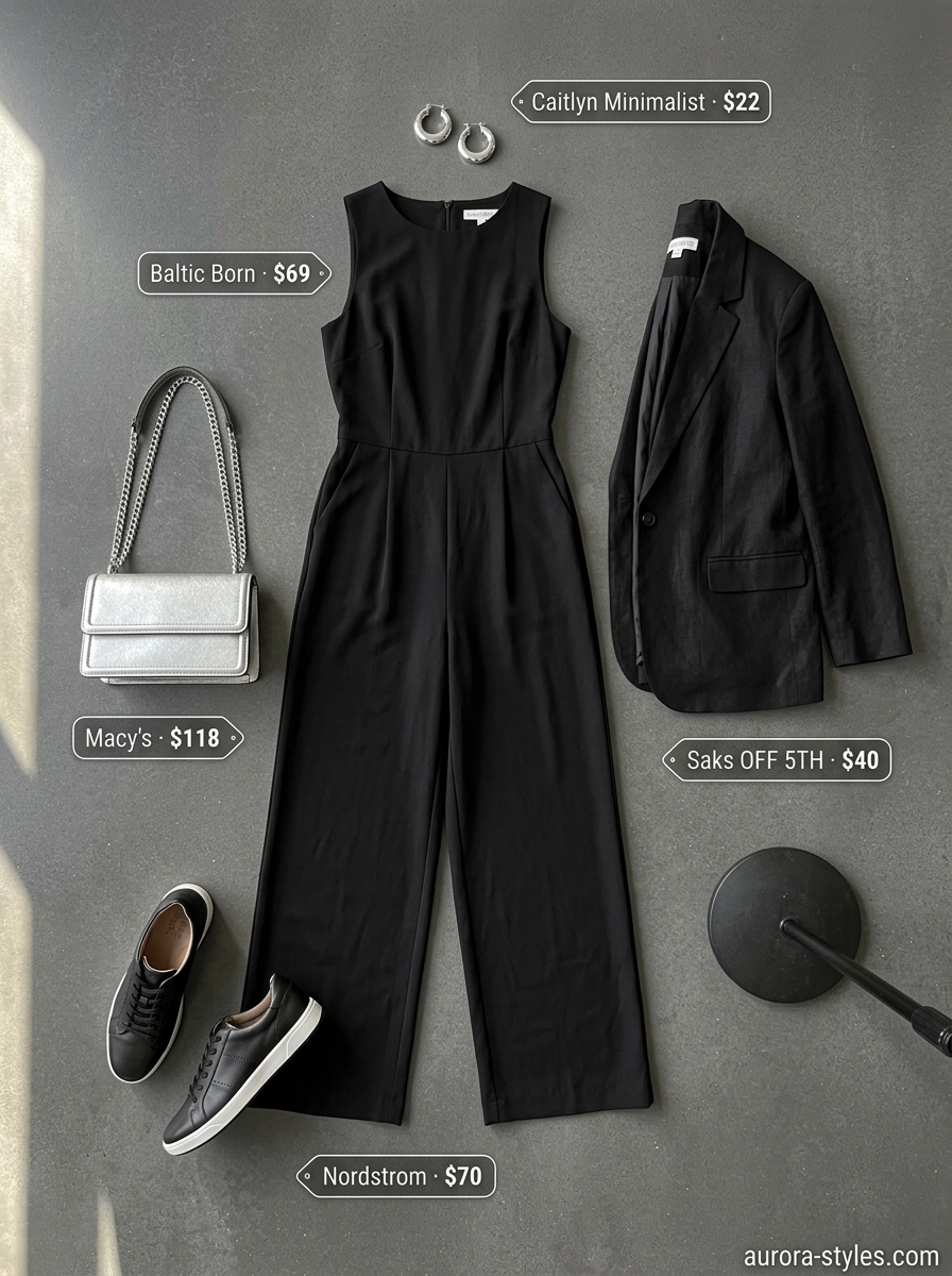 Sleek black wide-leg jumpsuit with white blazer & silver accessories for concert outfits for women summer 2026.