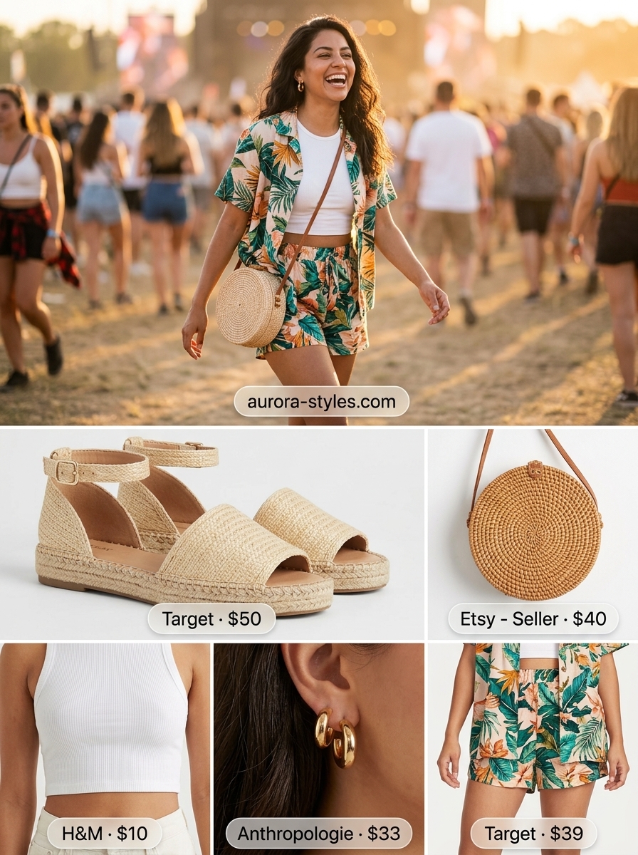 Tropical print matching set with white crop top & platform sandals for concert outfits for women summer 2026.