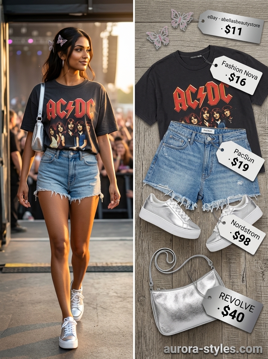 Y2K graphic tee, distressed denim shorts & iridescent bag for concert outfits for women summer 2026.