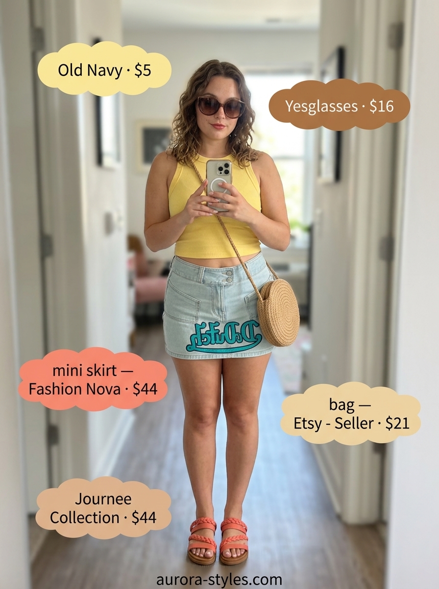 Denim mini skirt outfits summer 2026: Patchwork denim mini skirt with yellow tank for tropical getaway.
