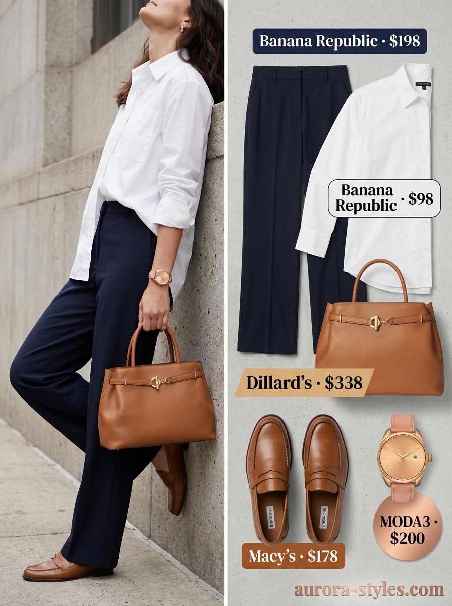 Polished outfit with navy tailored trousers, oversized white shirt, and penny loafers; not ideal for casual summer pants for women 2026.