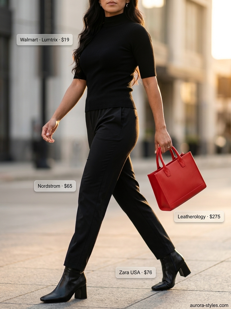 Sophisticated outfit with black midi skirt, vibrant red bag, and ankle boots; not the focus for summer pants for women 2026.