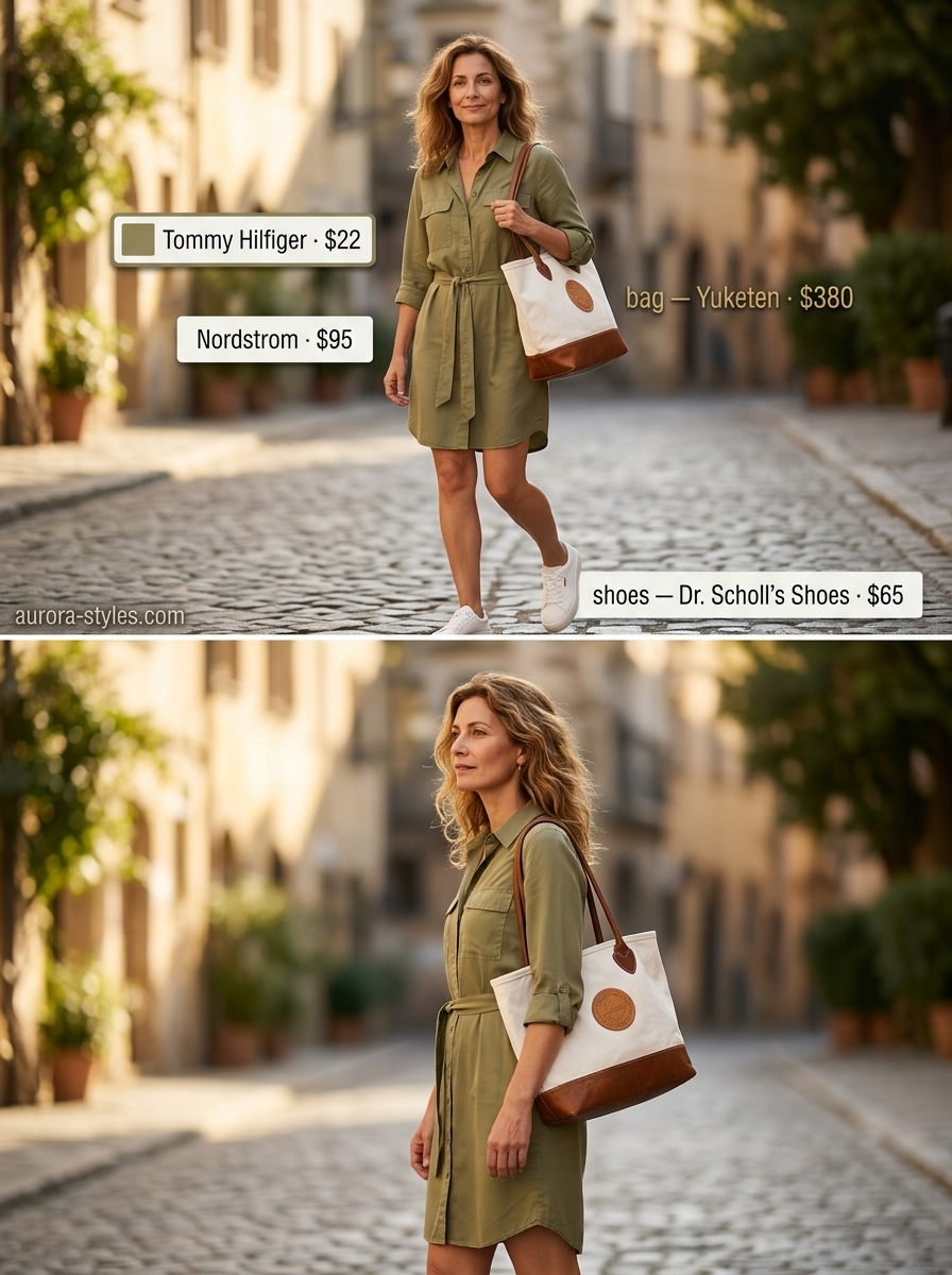 Elegant summer outfit for women over 50 2026: Olive green utility shirtdress, tan belt, white sneakers for safari chic.