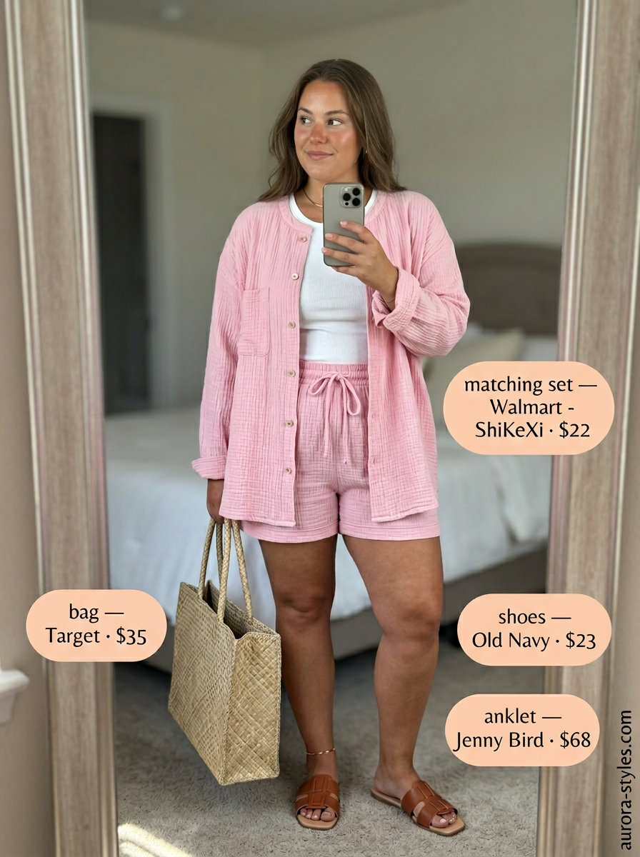 Flattering curvy outfit summer for women 2026: Blush pink linen set, white top, tan sandals, straw tote for beach or brunch.