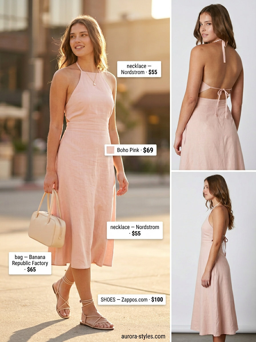 Flattering curvy outfit summer for women 2026: Blush pink linen sundress, cream sandals, beige bag, gold necklace for brunch.