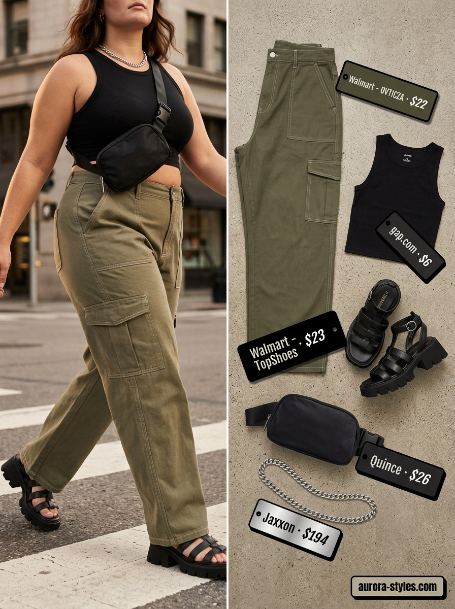 Flattering curvy outfit summer for women 2026: Khaki cargo pants, cropped tank, platform sandals, belt bag.
