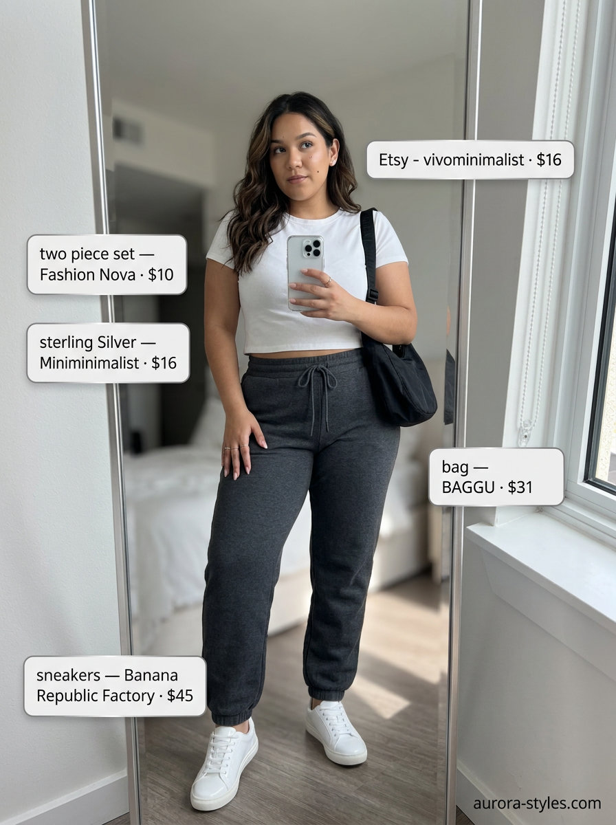 Flattering curvy outfit summer for women 2026: Charcoal grey jogger set, white sneakers, black crossbody for travel or errands.
