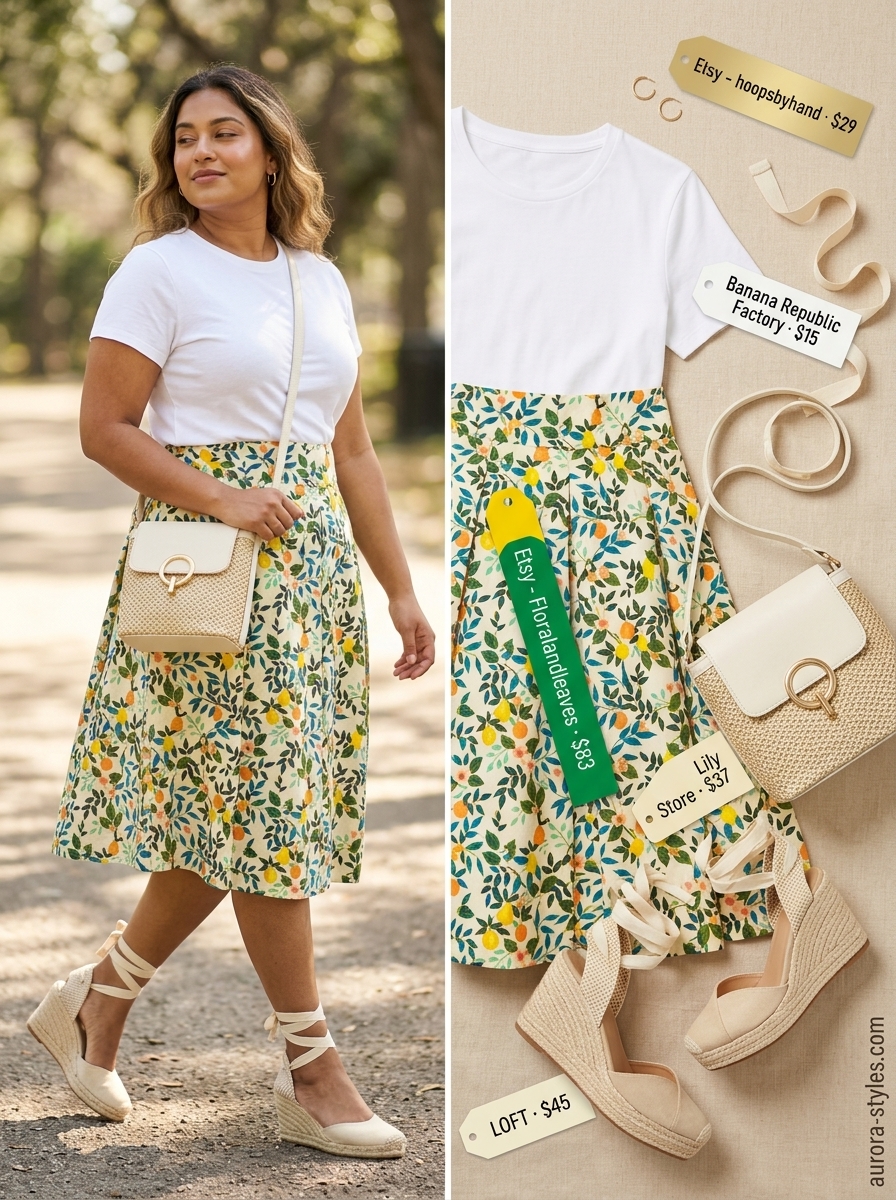 Flattering curvy outfit summer for women 2026: Yellow floral midi skirt, white tee, espadrilles, straw bag for brunch.