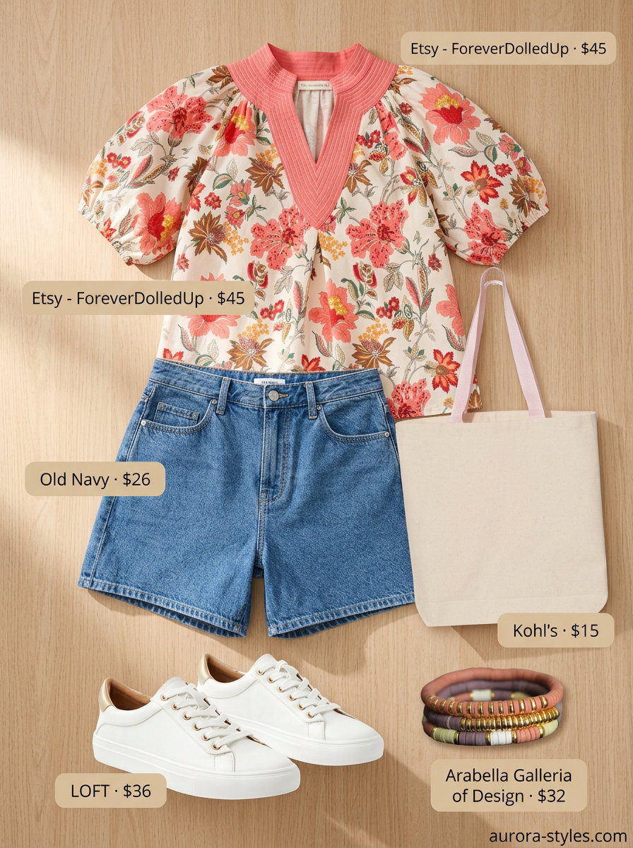 Flattering curvy outfit summer for women 2026: Denim shorts, floral blouse, white sneakers, beige tote for casual weekend.