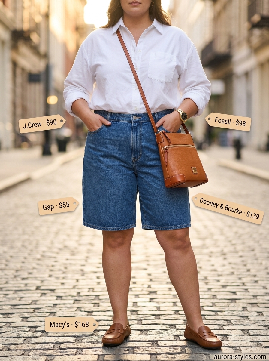 Flattering curvy outfit summer for women 2026: Denim shorts, white oversized shirt, tan loafers, crossbody bag.