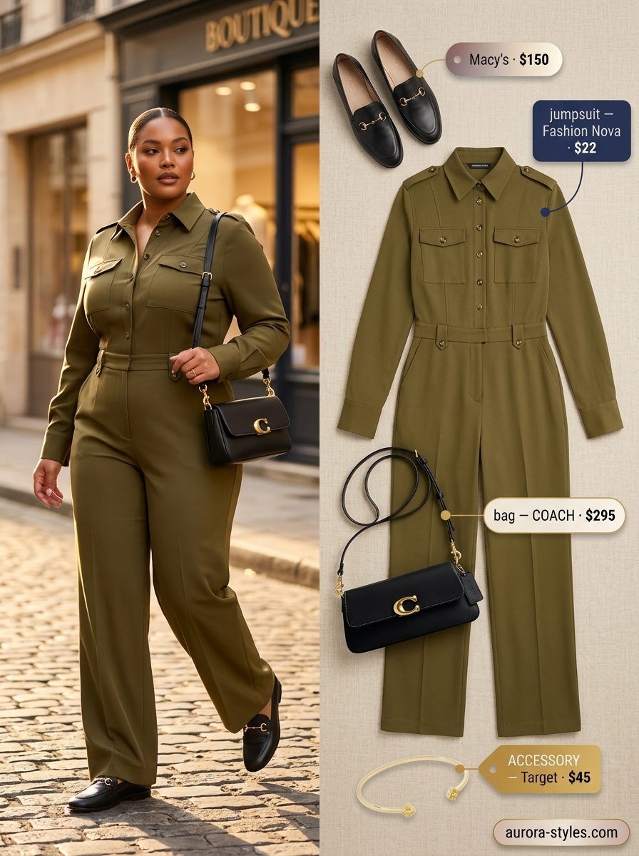 Flattering curvy outfit summer for women 2026: Emerald green utility jumpsuit, black loafers, black bag, gold bracelet for travel.
