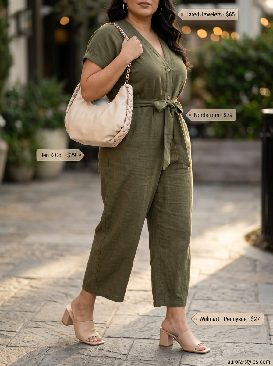 Flattering curvy outfit summer for women 2026: Olive green linen jumpsuit, nude mules, gold hoops.