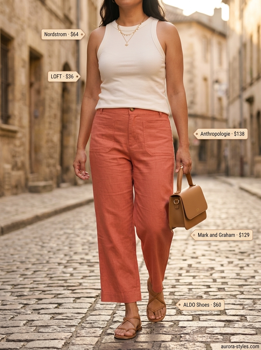 Flattering curvy outfit summer for women 2026: Terracotta linen pants, cream knit top, tan sandals, gold necklaces.