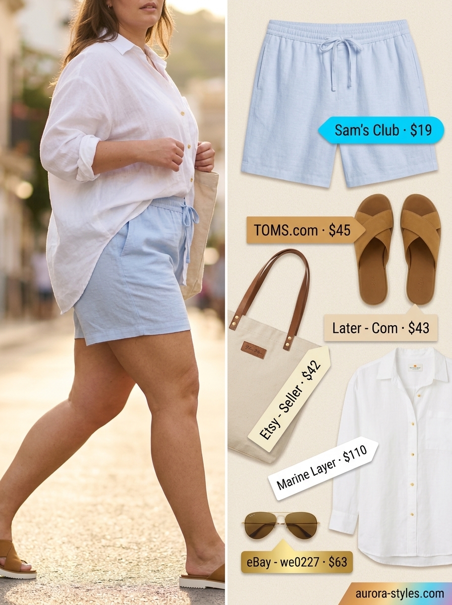 Flattering curvy outfit summer for women 2026: Linen shorts set, oversized shirt, slide sandals, tote bag.