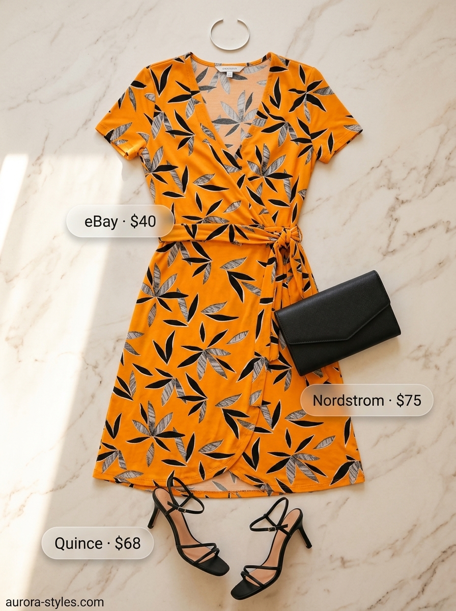 Flattering curvy outfit summer for women 2026: Mango orange midi wrap dress, gold bracelet, black sandals & clutch for rooftop dinner.
