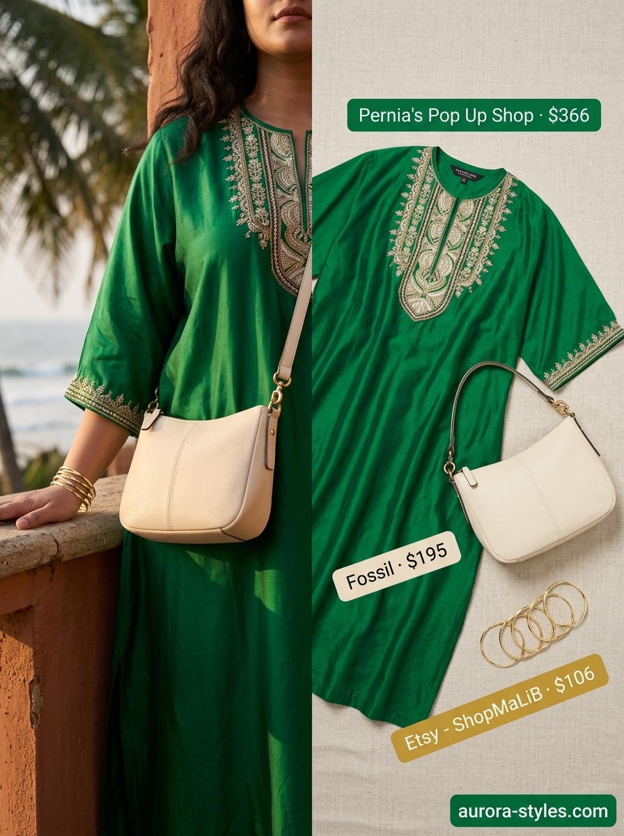 Flattering curvy outfit summer for women 2026: Emerald green maxi caftan, embellished sandals, gold bangles.