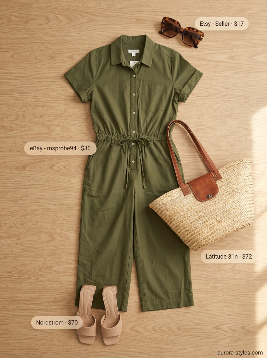 Flattering curvy outfit summer for women 2026: Olive green linen jumpsuit, beige slides, straw bag, and sunglasses for casual days.