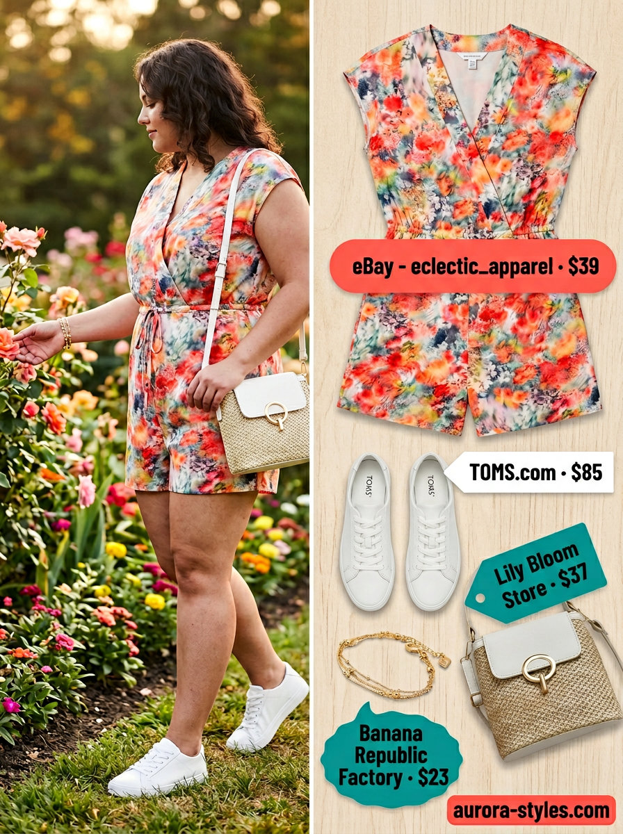 Flattering curvy outfit summer for women 2026: Coral romper, white sneakers, straw bag, gold bracelet.