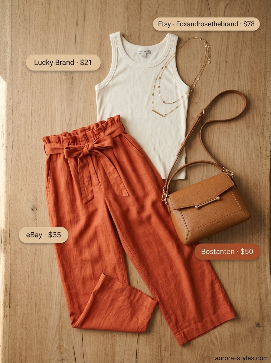 Flattering curvy outfit summer for women 2026: Terracotta linen pants, cream tank, tan sandals, gold necklaces for evening.