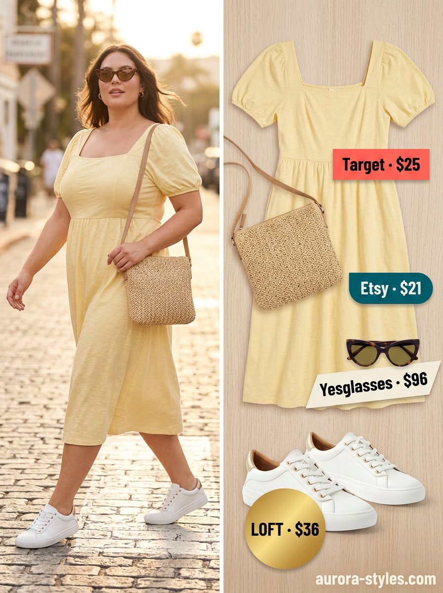 Flattering curvy outfit summer for women 2026: Yellow sundress, white sneakers, straw bag, cat-eye sunglasses.
