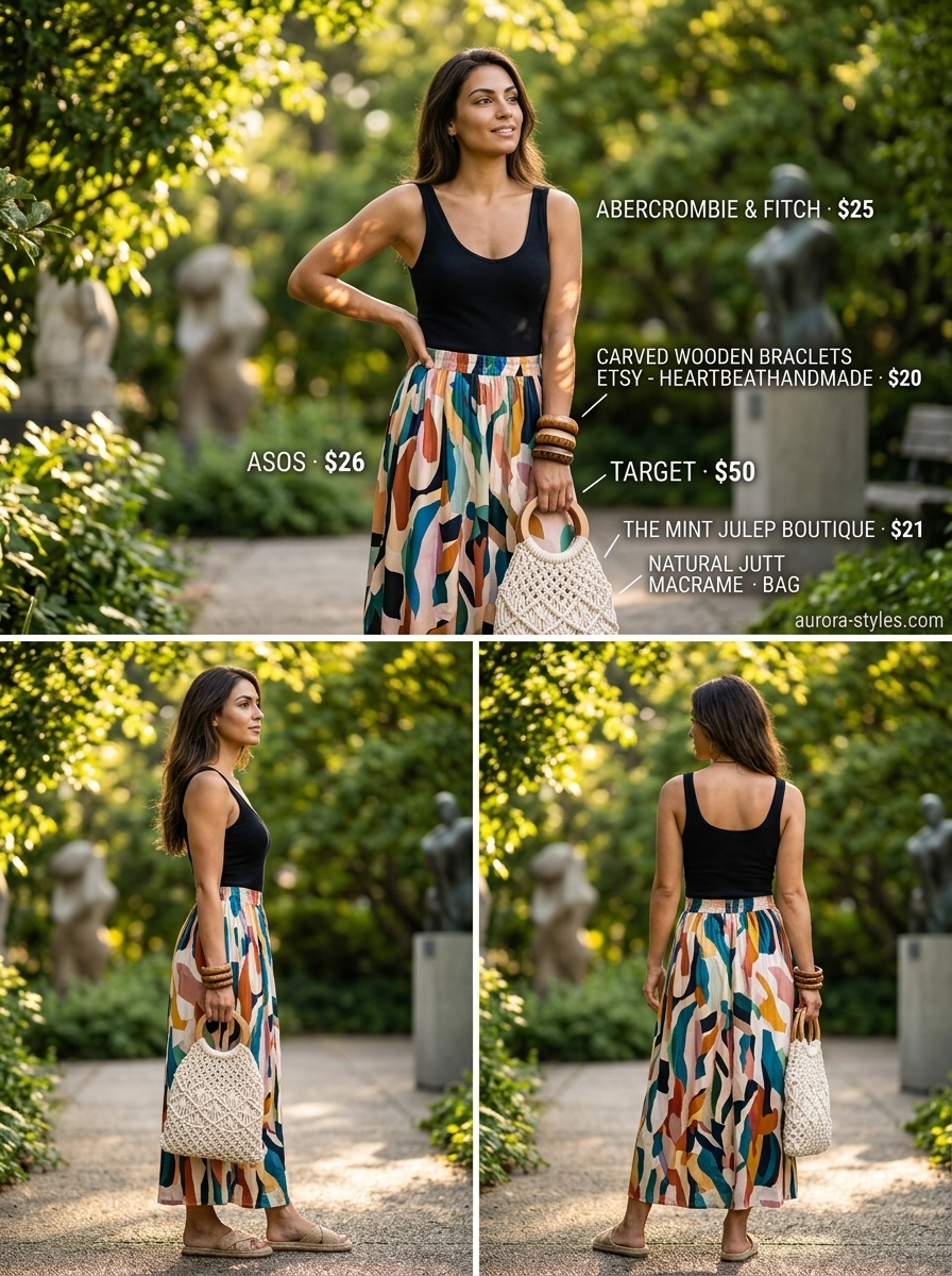 Flowy maxi skirt outfits summer 2026: Abstract art print skirt with black tank, wood bangles, and espadrilles for garden party.