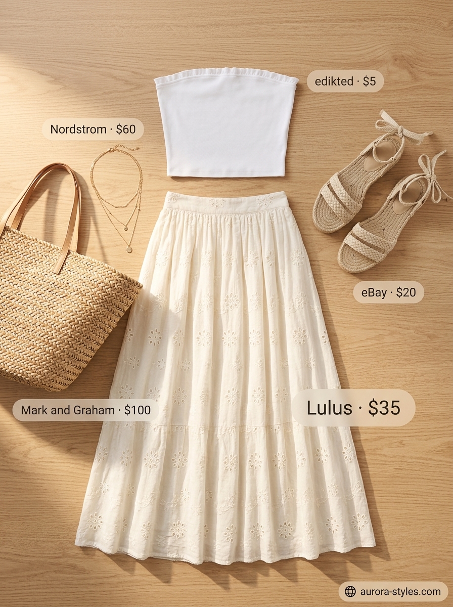 Flowy maxi skirt outfits summer 2026: White eyelet skirt with a smocked tube top for bohemian beachside brunch.