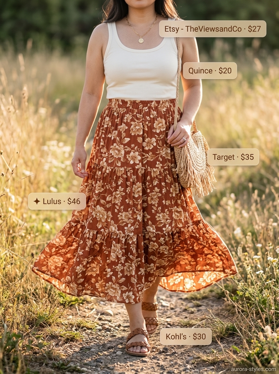 Bohemian sunset picnic outfit: flowy maxi skirt summer 2026, cream tank, leather slides, gold necklaces.