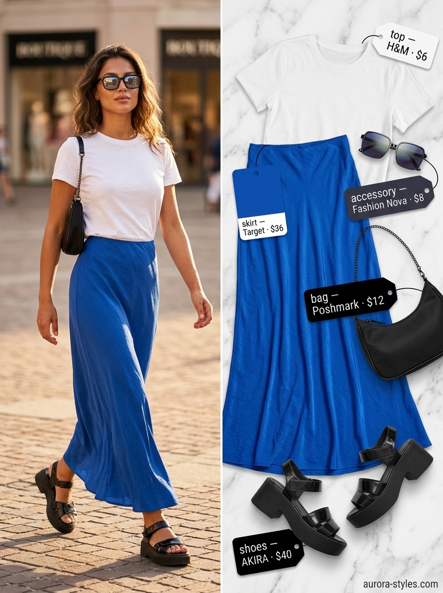 Flowy maxi skirt outfits summer 2026: Cobalt blue maxi skirt with a white tee and black accessories for a bold look.